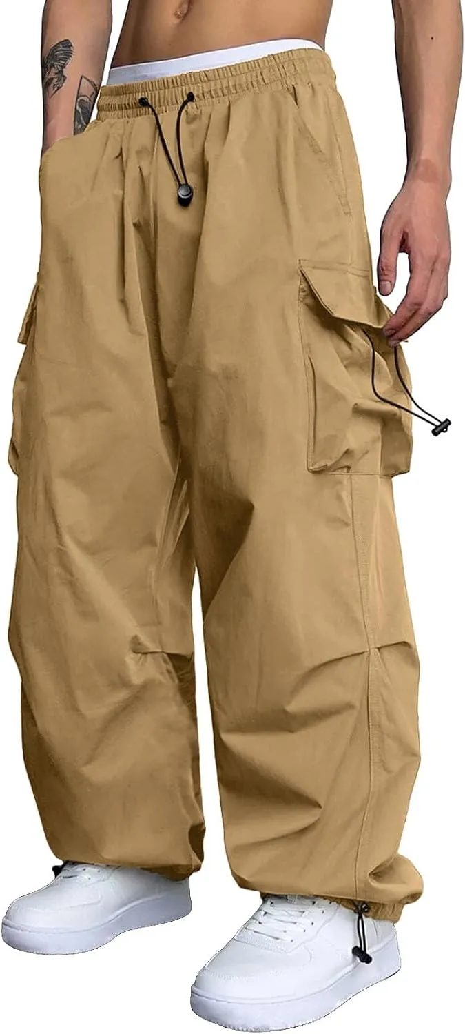 Men's Baggy Cargo Pants Casual Loose Fit Elastic Waist Drawstring Pant Combat Work Pant with Pockets