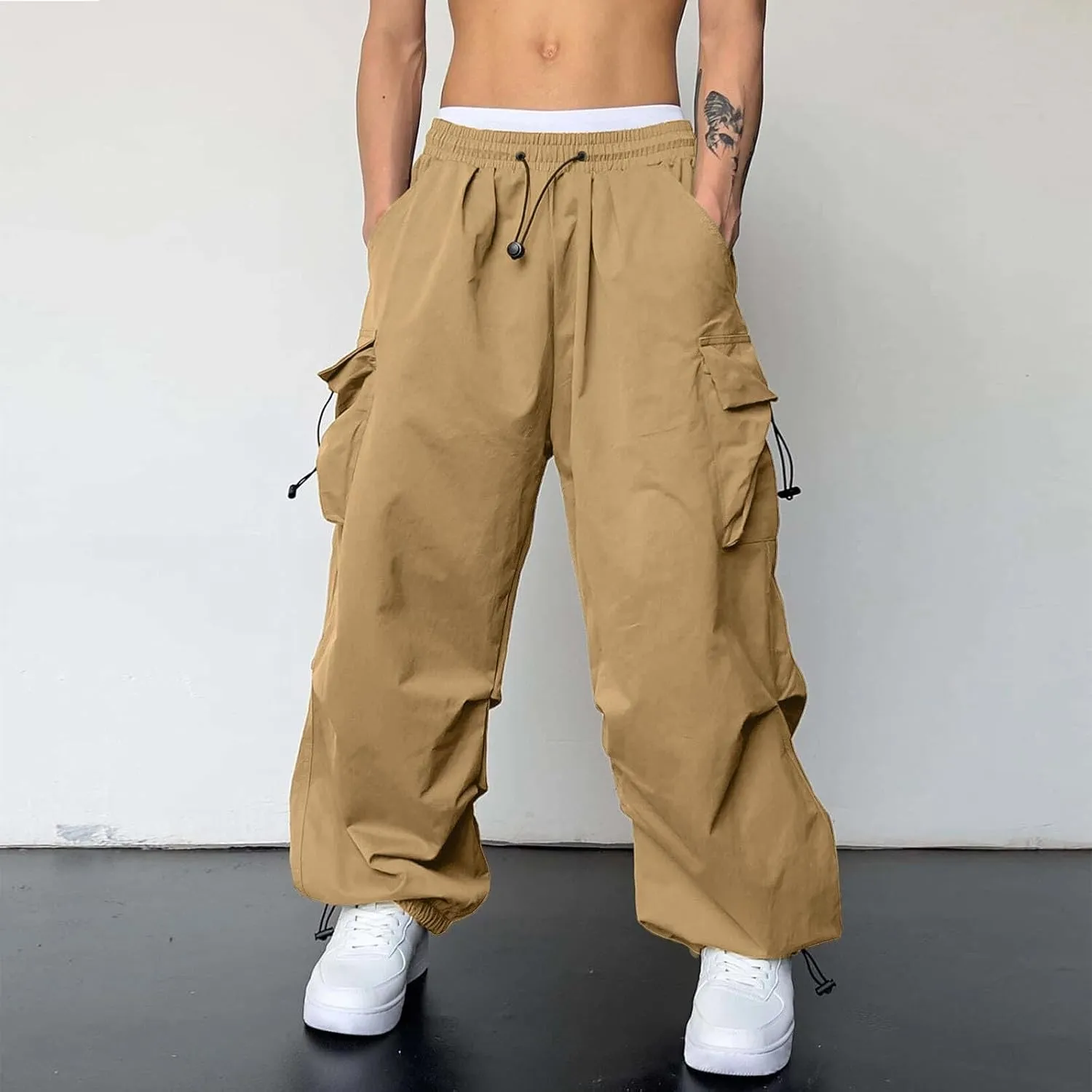 Men's Baggy Cargo Pants Casual Loose Fit Elastic Waist Drawstring Pant Combat Work Pant with Pockets
