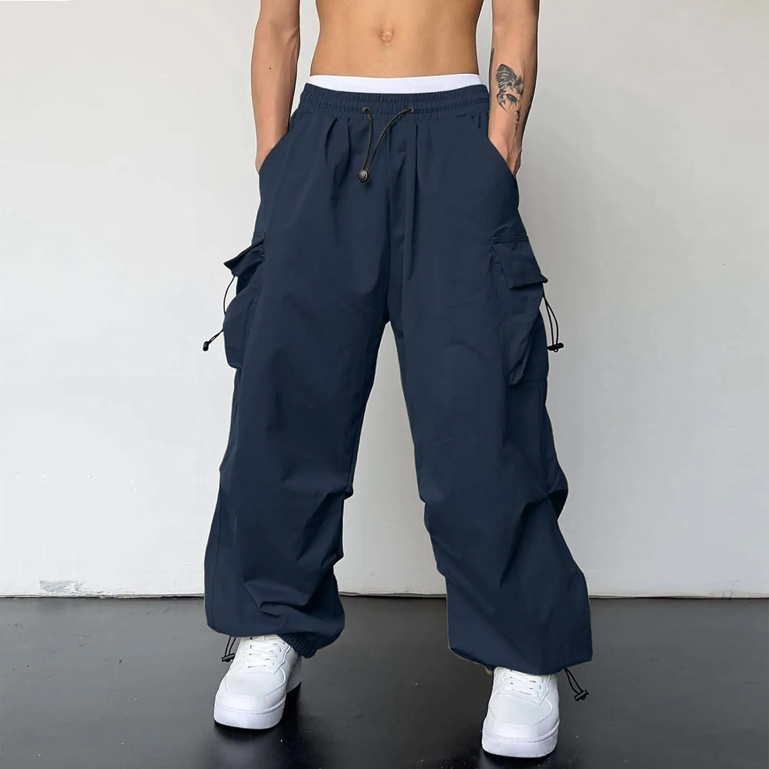 Men's Baggy Cargo Pants Casual Loose Fit Elastic Waist Drawstring Pant Combat Work Pant with Pockets