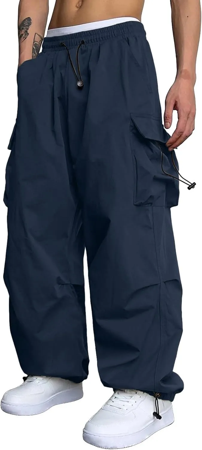 Men's Baggy Cargo Pants Casual Loose Fit Elastic Waist Drawstring Pant Combat Work Pant with Pockets