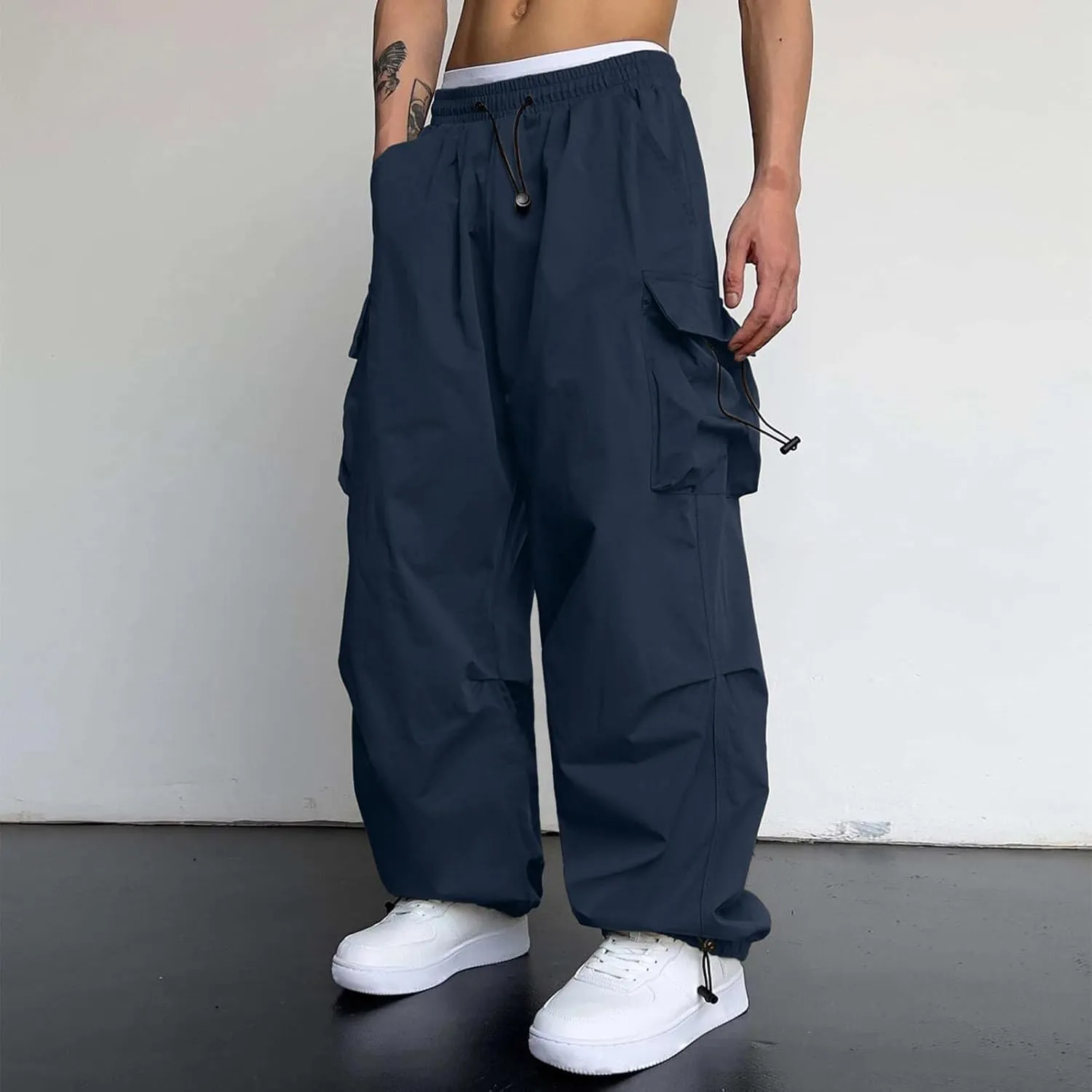 Men's Baggy Cargo Pants Casual Loose Fit Elastic Waist Drawstring Pant Combat Work Pant with Pockets