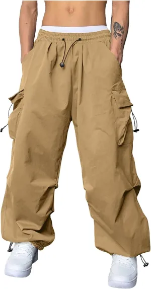 Men's Baggy Cargo Pants Casual Loose Fit Elastic Waist Drawstring Pant Combat Work Pant with Pockets