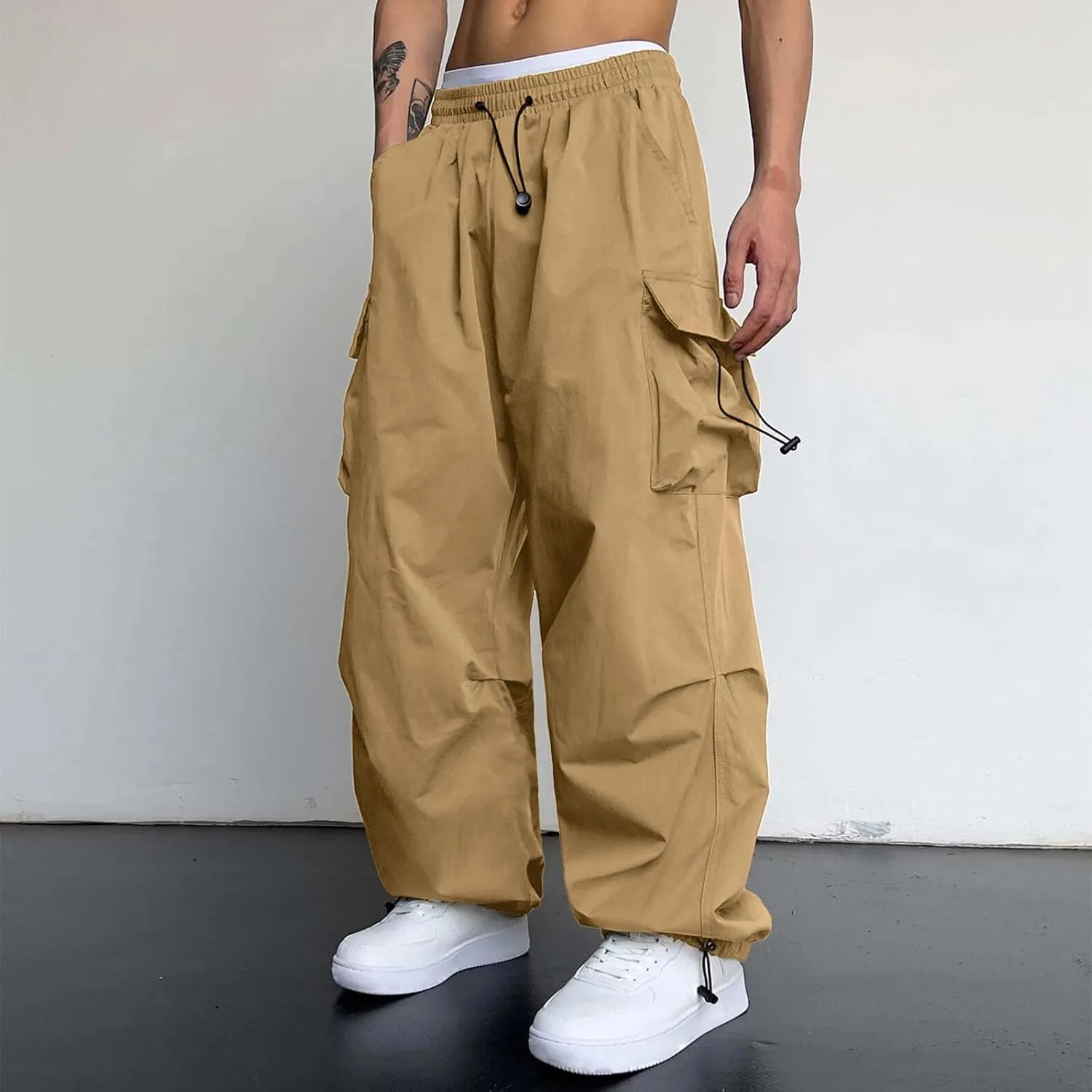 Men's Baggy Cargo Pants Casual Loose Fit Elastic Waist Drawstring Pant Combat Work Pant with Pockets
