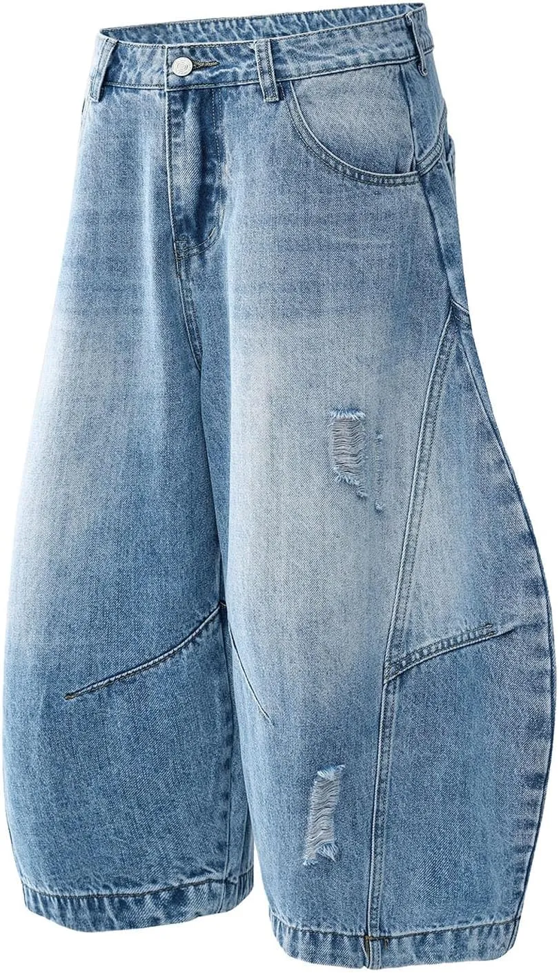 Mens Baggy Jean Shorts Loose Fit Long Denim Shorts Casual Summer Y2K Streetwear Clothes