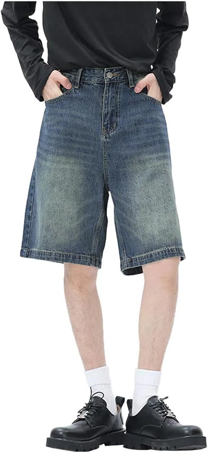 Mens Baggy Jean Shorts Loose Fit Long Denim Shorts Casual Summer Y2K Streetwear Clothes