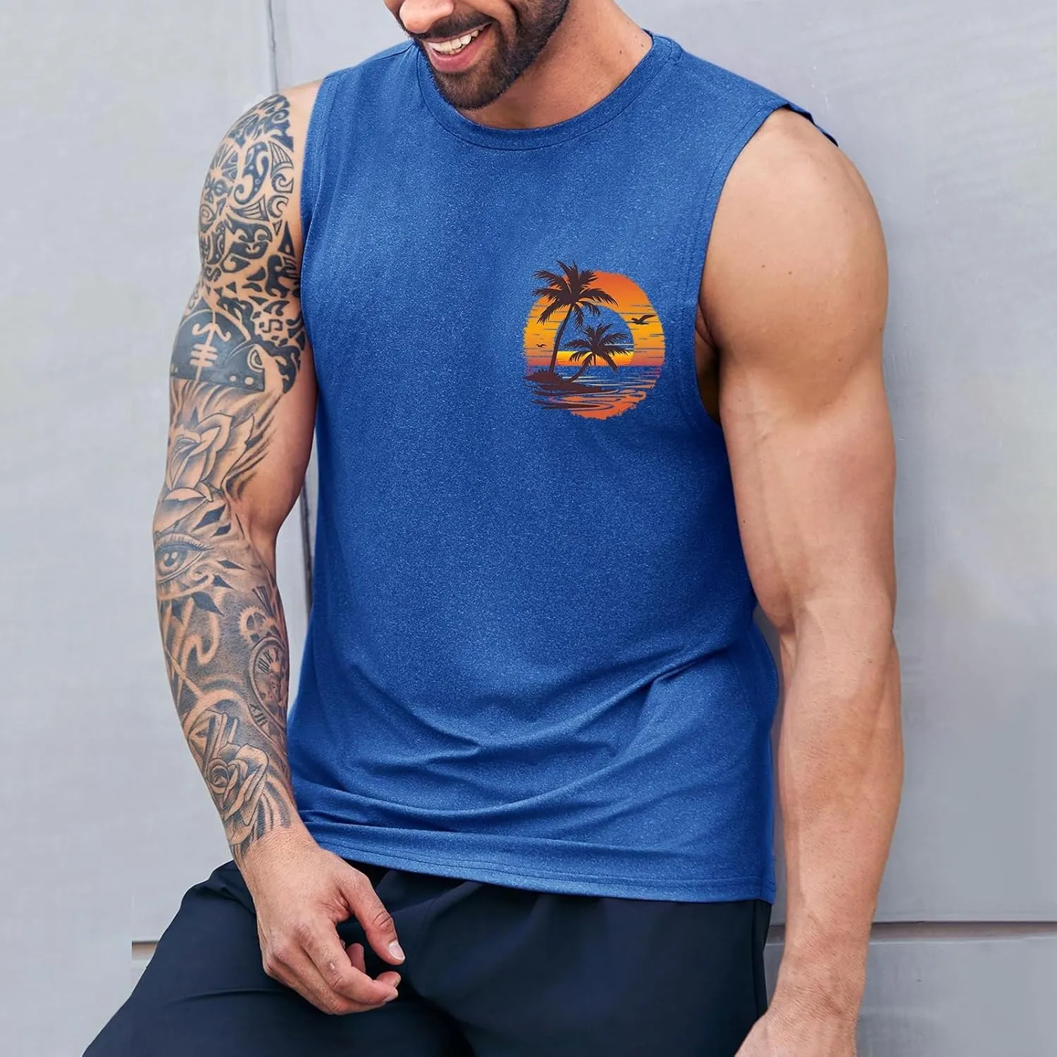 Mens Beach Tank Tops Fashion Graphic Fitness Mesh Breathable Quick Drying Solid Color Sleeveless Tank Top For Men