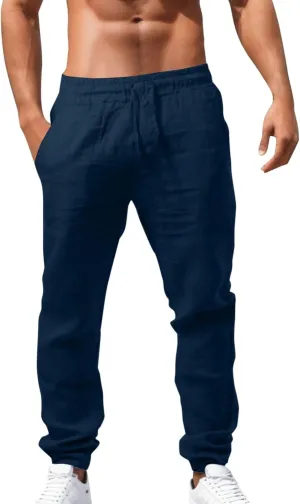 Men's Cargo Combat Pants Casual Linen Drawstring Waist Pant Open Hem Sweatpants Joggers Athletic Jogger