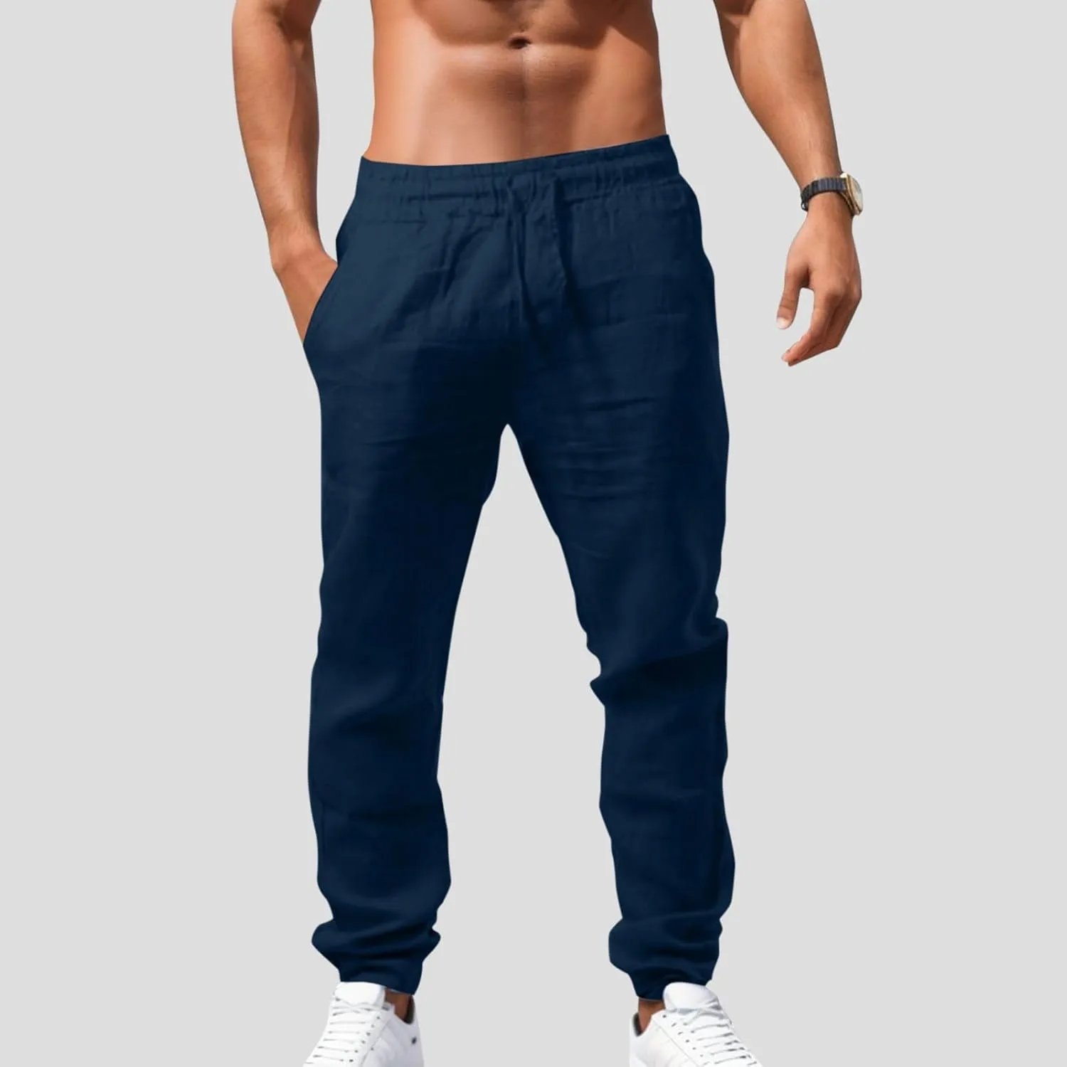Men's Cargo Combat Pants Casual Linen Drawstring Waist Pant Open Hem Sweatpants Joggers Athletic Jogger