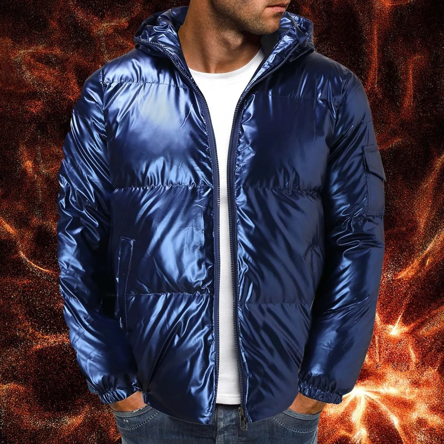 Men's Down Jackets & Coats Puffer Solid Coat Shiny Reflective Cotton Padded Hooded Trendy Plus Size Bubble Jacket for Men