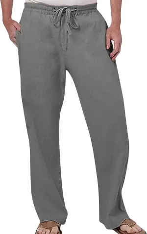 Men's Drawstring Linen Pants Beach Casual Elastic Waist Stylish Yoga Pants Summer Comfort Loose Trousers with Pockets