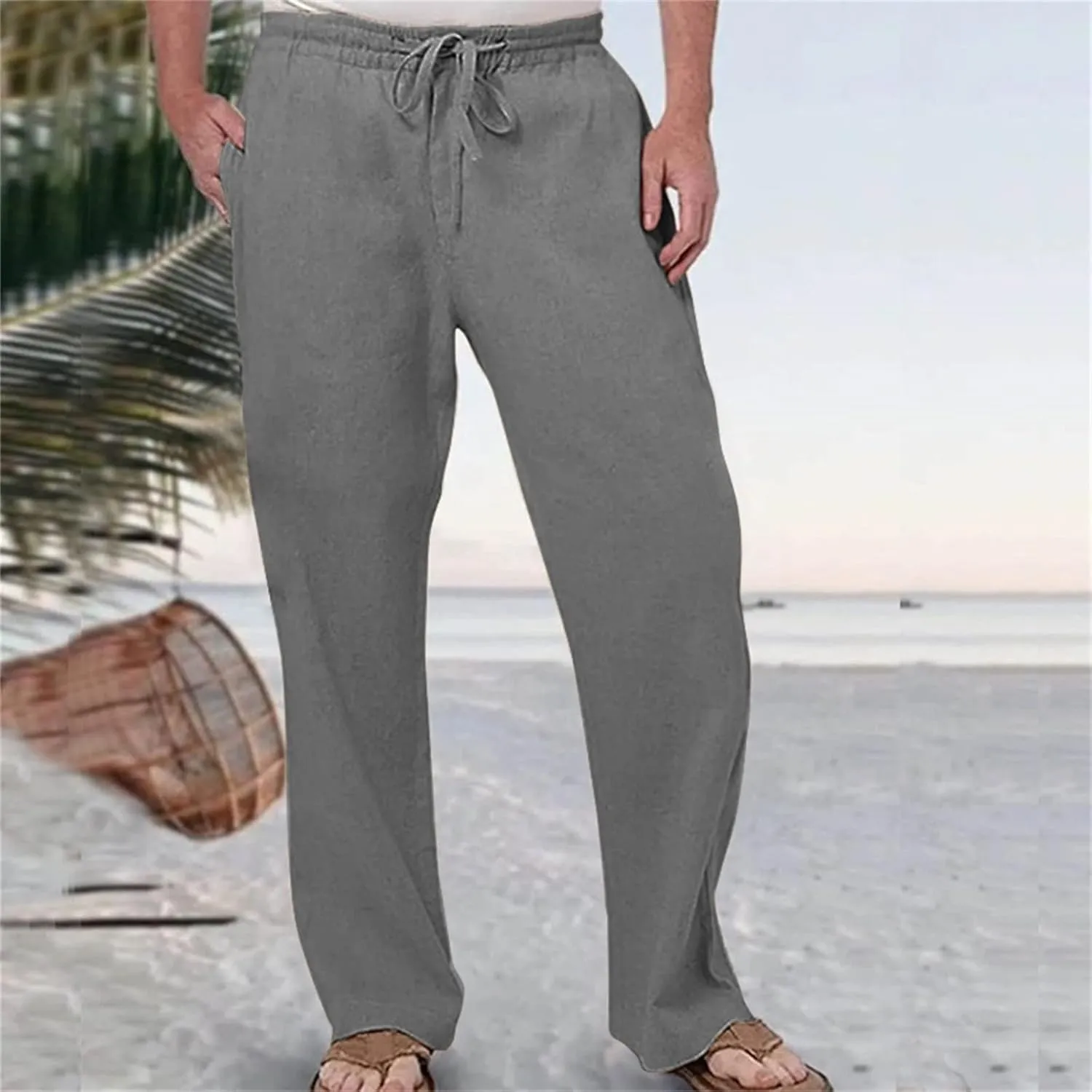 Men's Drawstring Linen Pants Beach Casual Elastic Waist Stylish Yoga Pants Summer Comfort Loose Trousers with Pockets