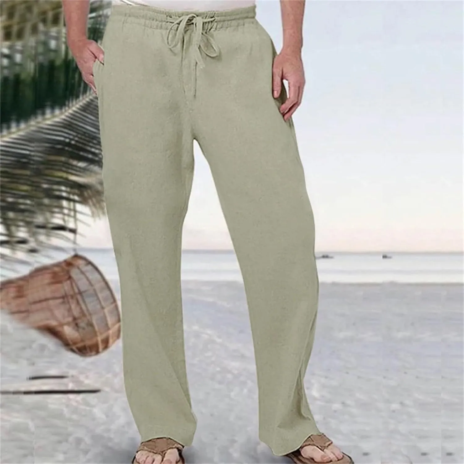 Men's Drawstring Linen Pants Beach Casual Elastic Waist Stylish Yoga Pants Summer Comfort Loose Trousers with Pockets