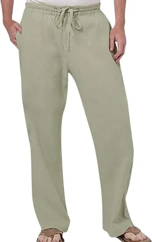 Men's Drawstring Linen Pants Beach Casual Elastic Waist Stylish Yoga Pants Summer Comfort Loose Trousers with Pockets