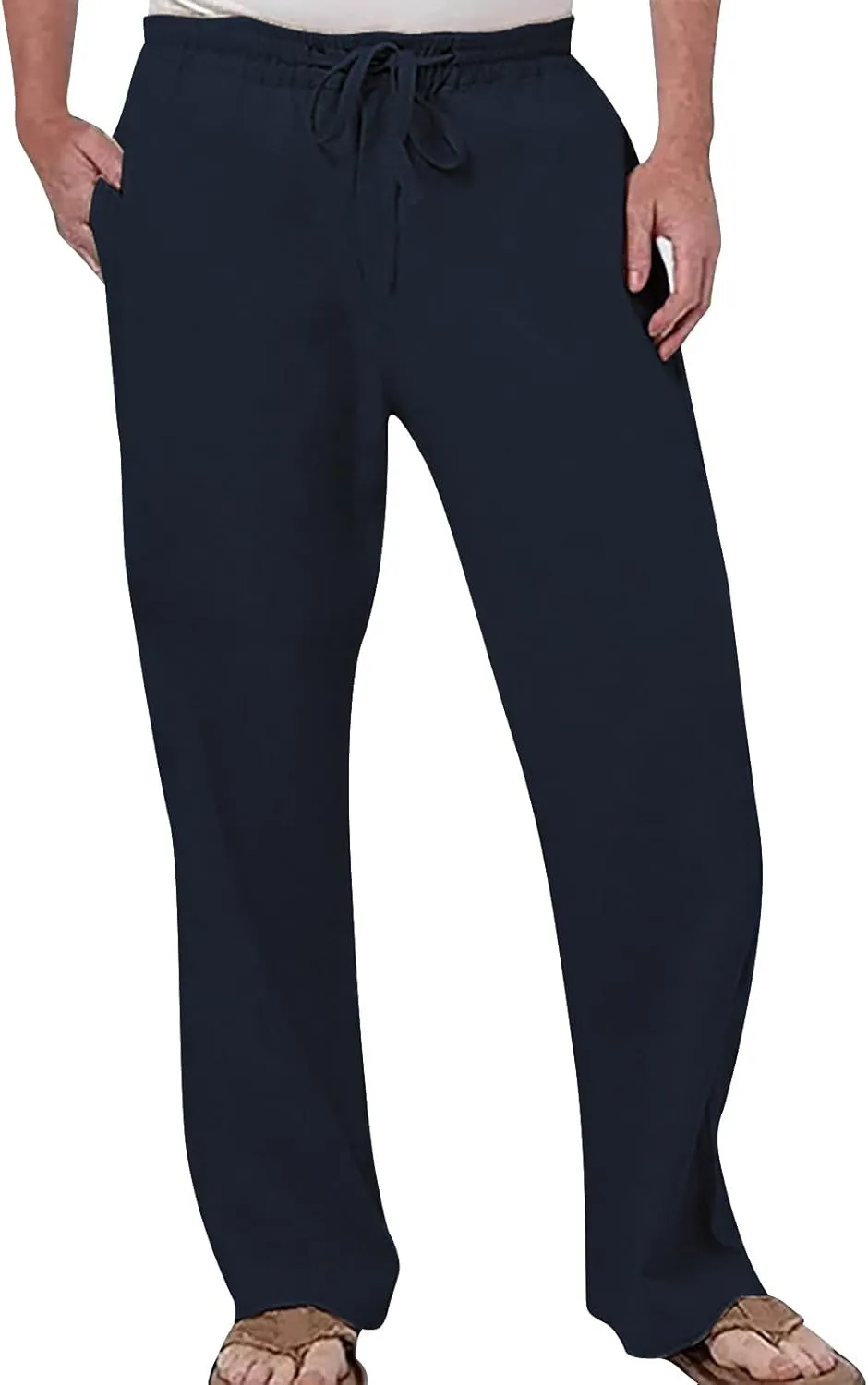 Men's Drawstring Linen Pants Beach Casual Elastic Waist Stylish Yoga Pants Summer Comfort Loose Trousers with Pockets