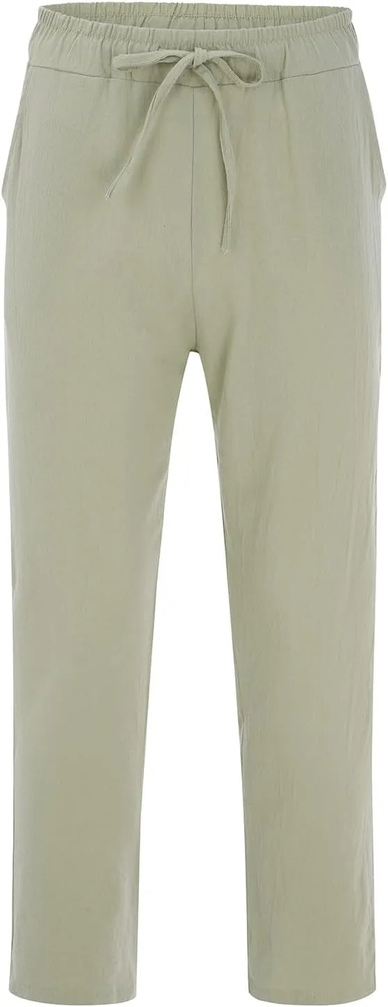 Men's Drawstring Linen Pants Beach Casual Elastic Waist Stylish Yoga Pants Summer Comfort Loose Trousers with Pockets