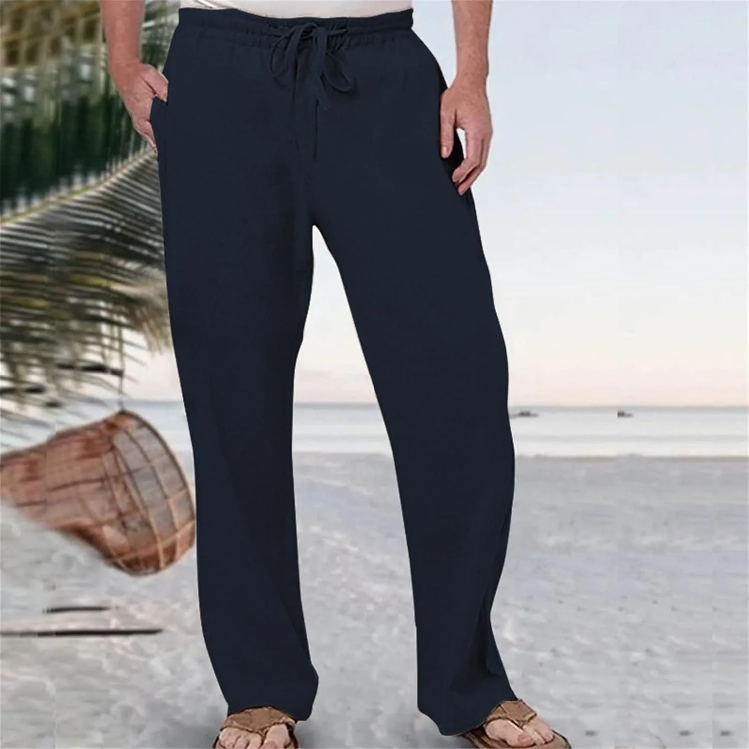 Men's Drawstring Linen Pants Beach Casual Elastic Waist Stylish Yoga Pants Summer Comfort Loose Trousers with Pockets