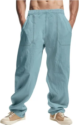 Men's Drawstring Linen Pants Casual Beach Loose Wide Leg Trousers Lightweight Comfort Fit Summer Clothes Fashion