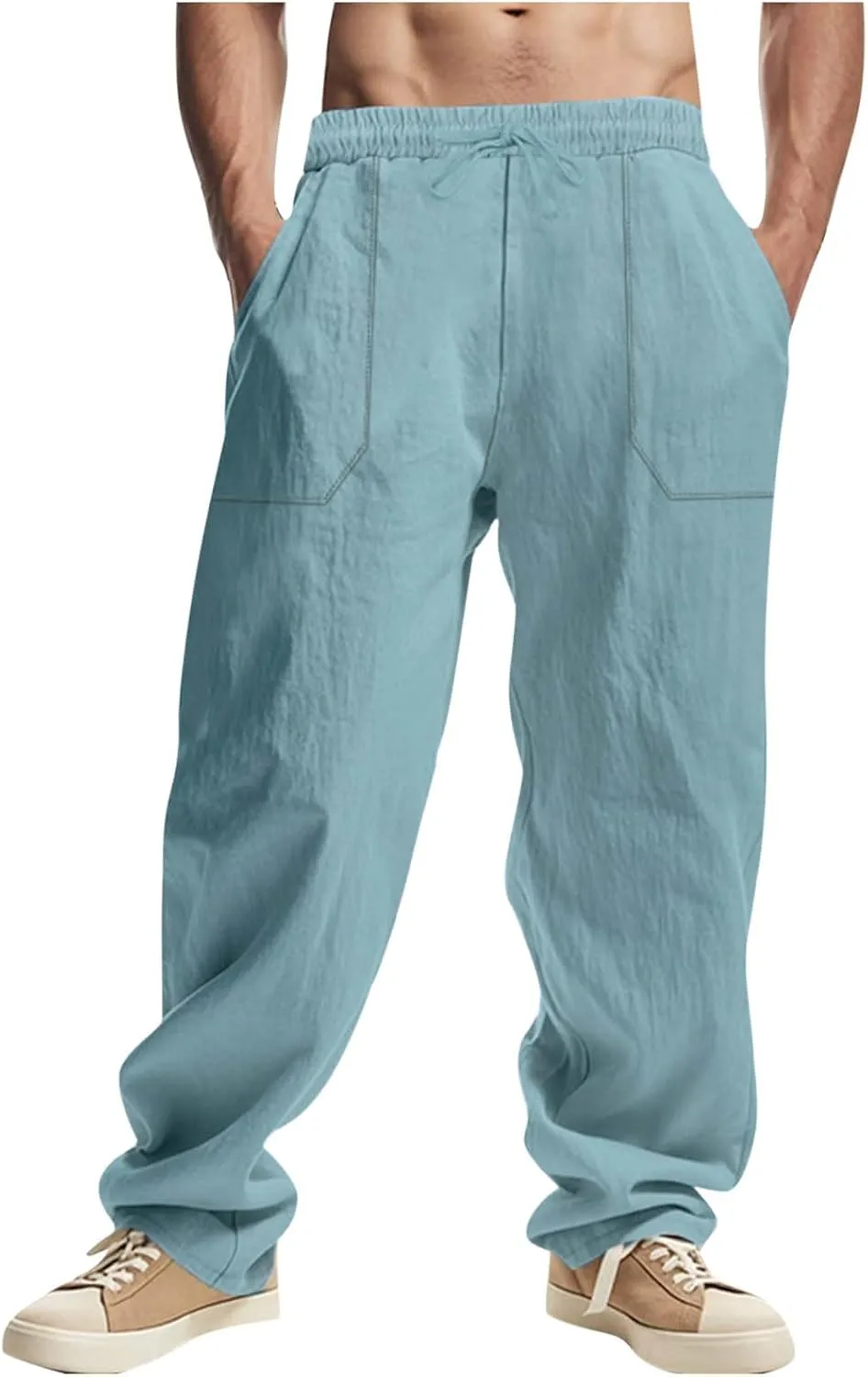 Men's Drawstring Linen Pants Casual Beach Loose Wide Leg Trousers Lightweight Comfort Fit Summer Clothes Fashion