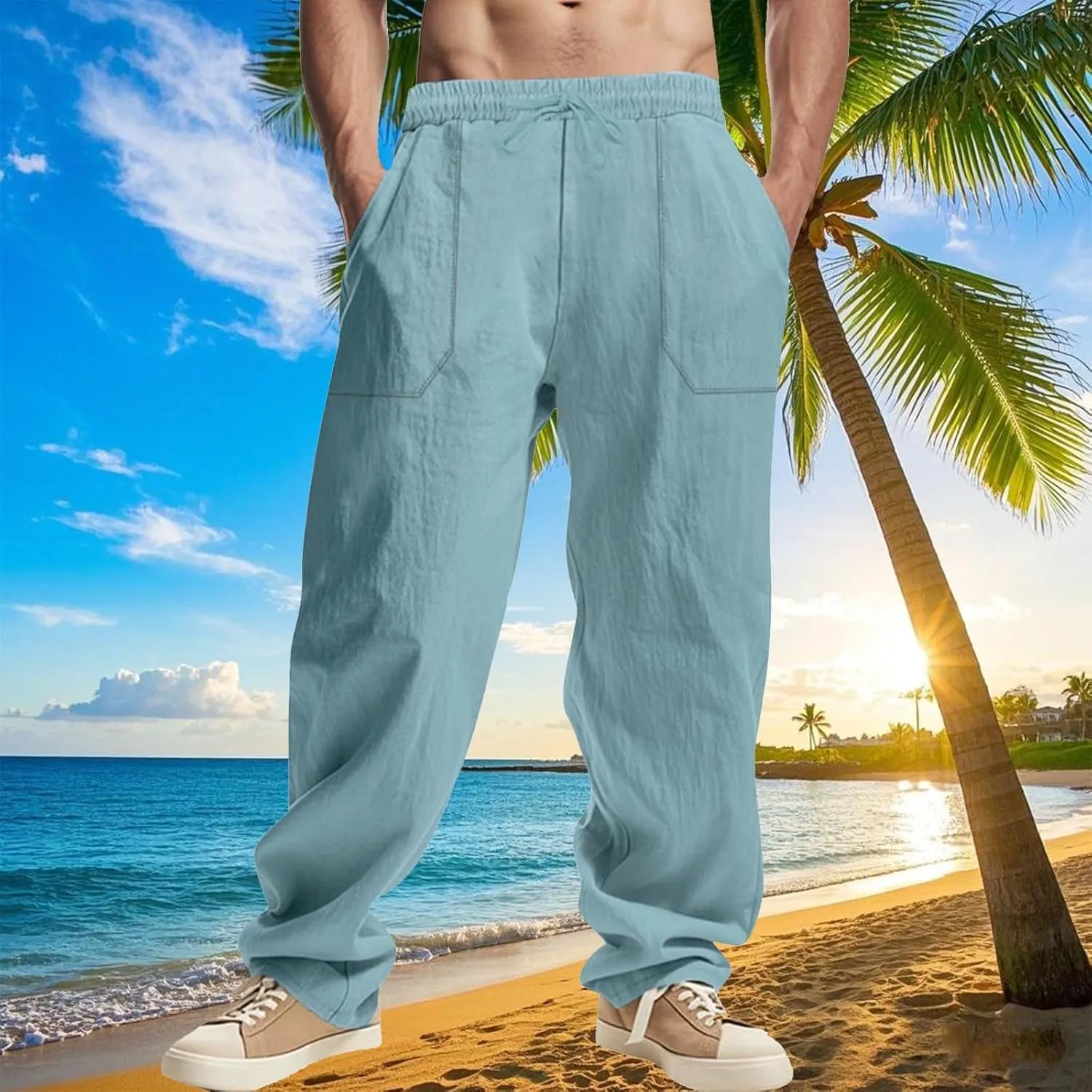 Men's Drawstring Linen Pants Casual Beach Loose Wide Leg Trousers Lightweight Comfort Fit Summer Clothes Fashion
