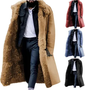 Mens Faux Suede Sherpa Fleece Lined Trench Overcoat Warm Lapel Collar Long Parke Jacket with Pockets Winter