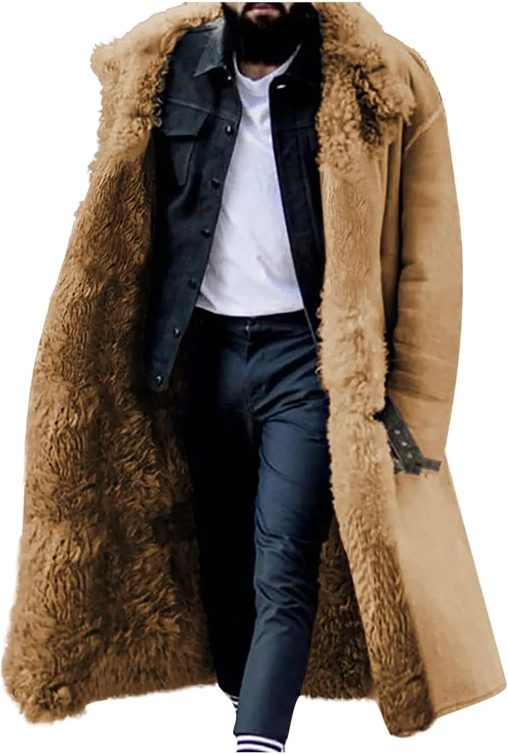 Mens Faux Suede Sherpa Fleece Lined Trench Overcoat Warm Lapel Collar Long Parke Jacket with Pockets Winter