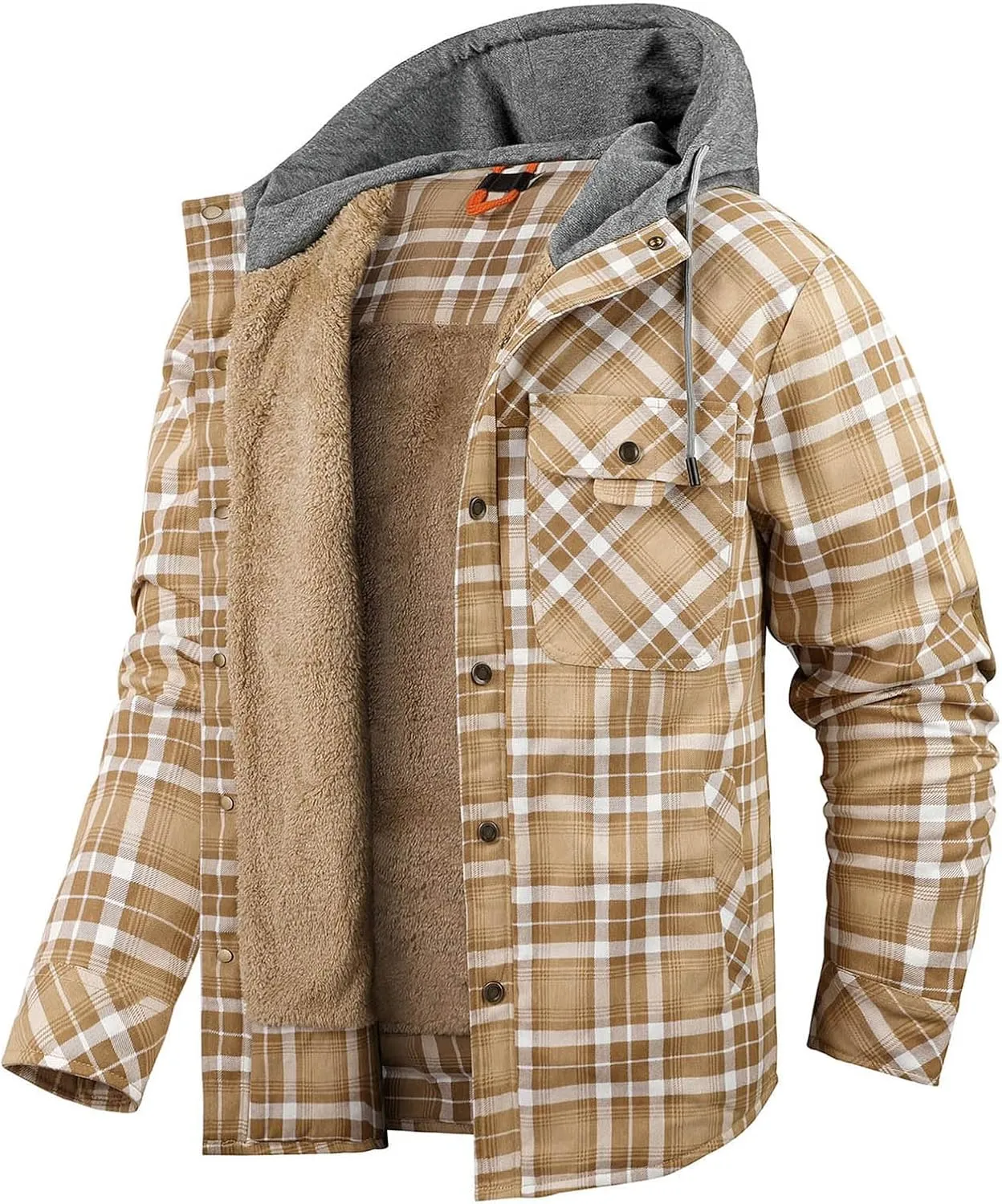 Mens Lightweight Checkered Shirt Jacket Hooded Wool Lined Coat Warm Stylish Outerwear with Pockets for Winter