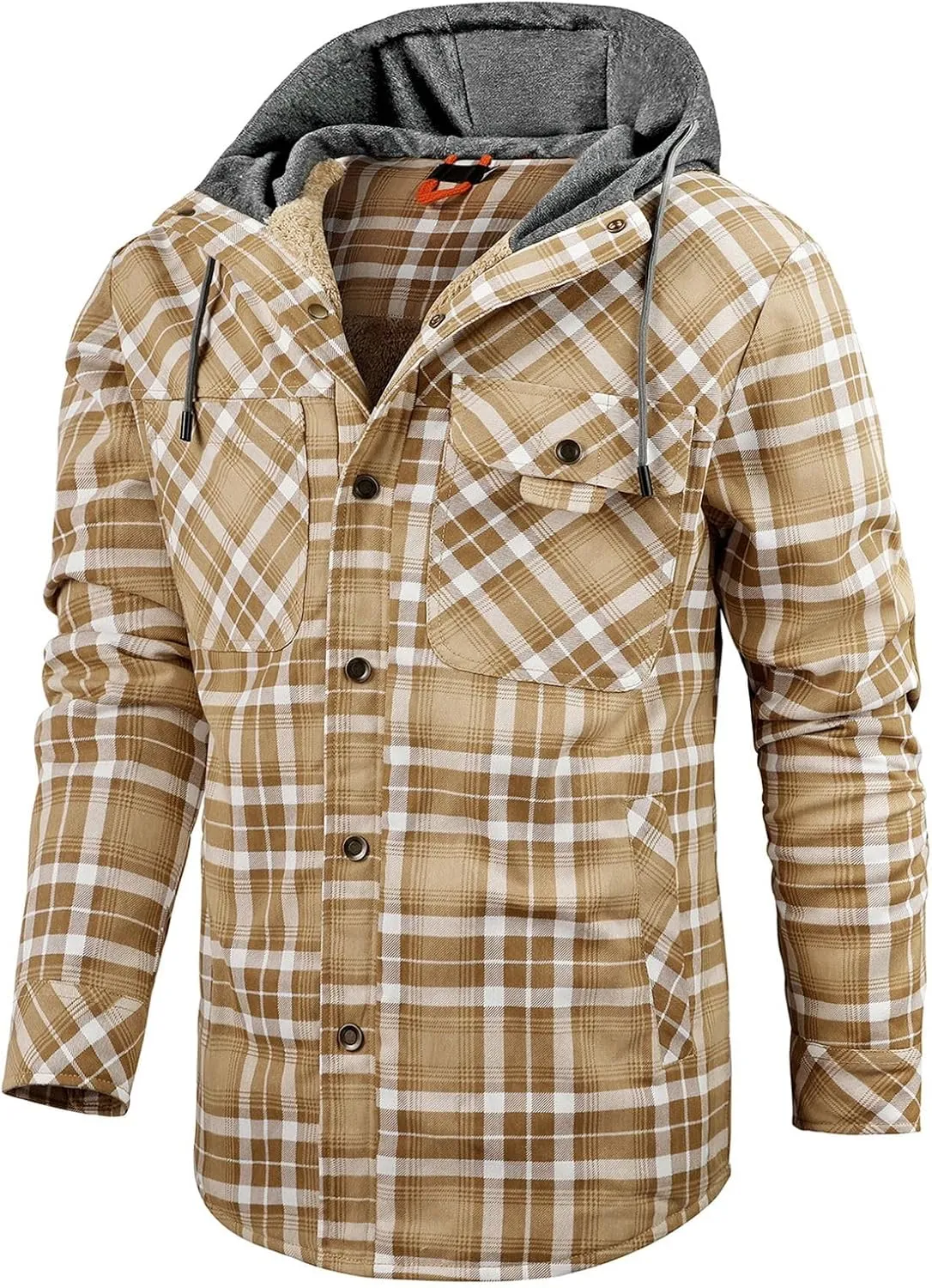 Mens Lightweight Checkered Shirt Jacket Hooded Wool Lined Coat Warm Stylish Outerwear with Pockets for Winter