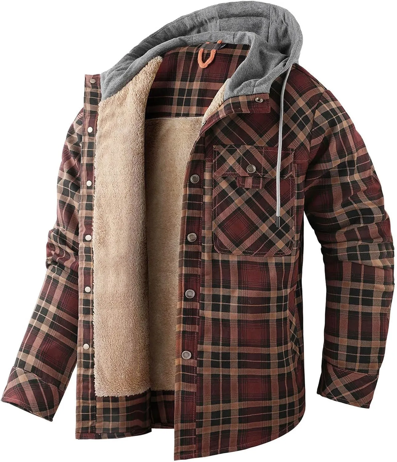 Mens Lightweight Checkered Shirt Jacket Hooded Wool Lined Coat Warm Stylish Outerwear with Pockets for Winter