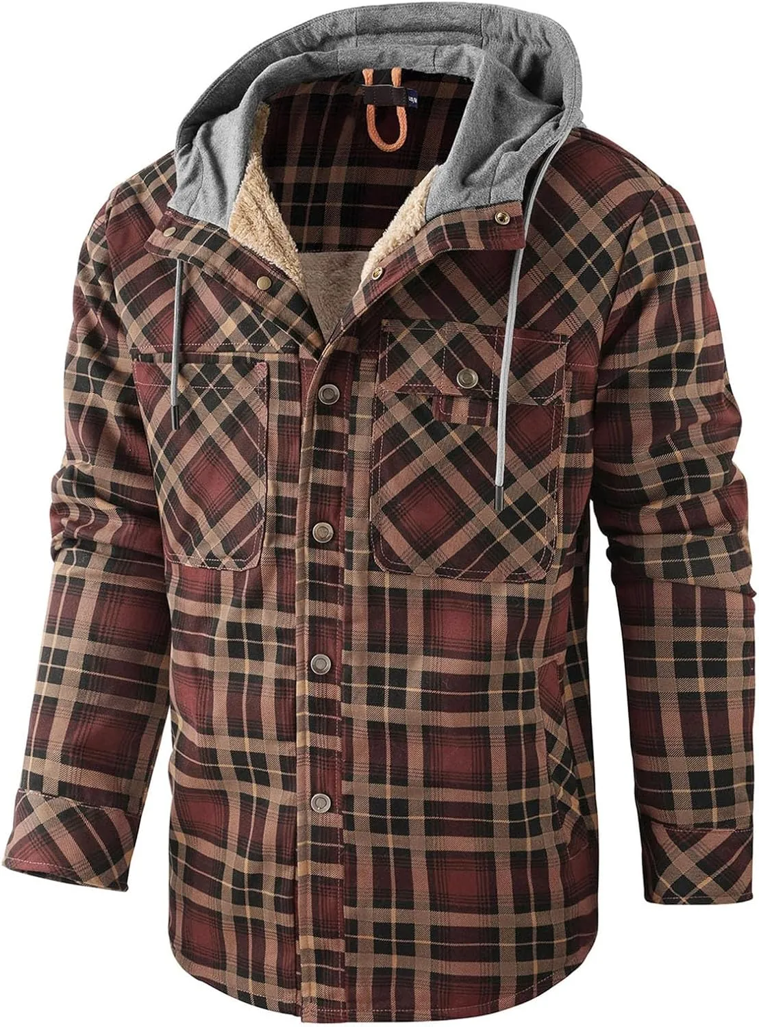 Mens Lightweight Checkered Shirt Jacket Hooded Wool Lined Coat Warm Stylish Outerwear with Pockets for Winter
