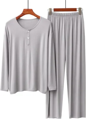 Men's Pajamas Modal Sleepwear Lounge Wear Pajama Set ，Long Sleeve and Long Pant Comfort Homewear Set (Color : Light Grey, Size : One Size)