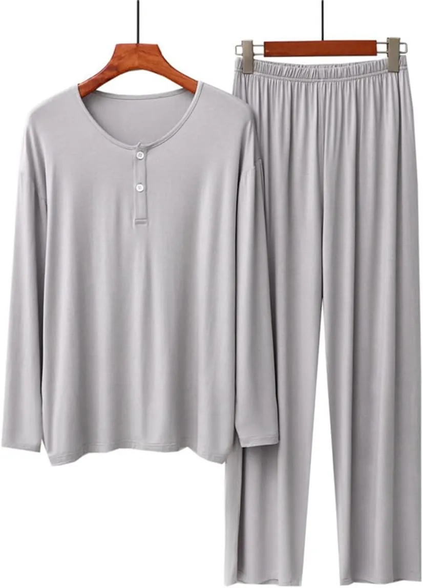 Men's Pajamas Modal Sleepwear Lounge Wear Pajama Set ，Long Sleeve and Long Pant Comfort Homewear Set (Color : Light Grey, Size : One Size)
