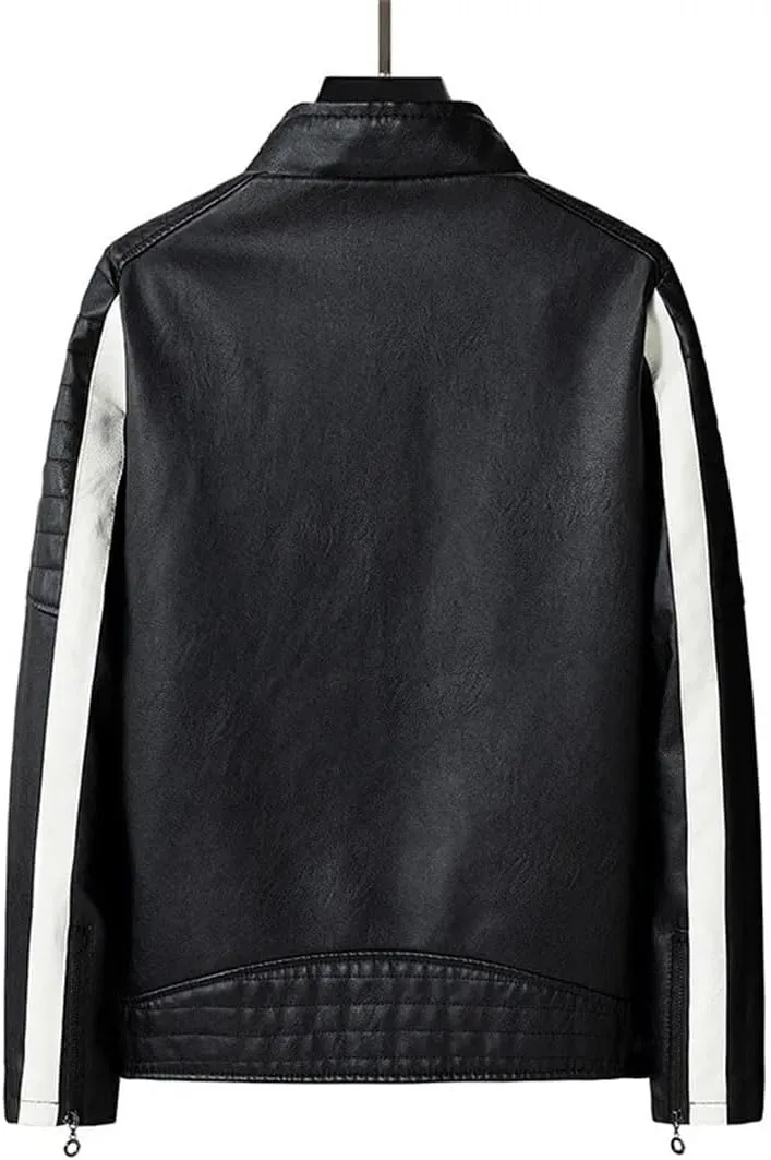 Men's PU Patchwork Motorcycle Jacket Thermal Lined Slim Fit Biker Coat, Streetwear Fleece Lined Outerwear