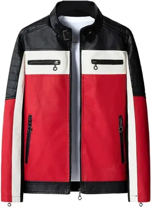 Men's PU Patchwork Motorcycle Jacket Thermal Lined Slim Fit Biker Coat, Streetwear Fleece Lined Outerwear