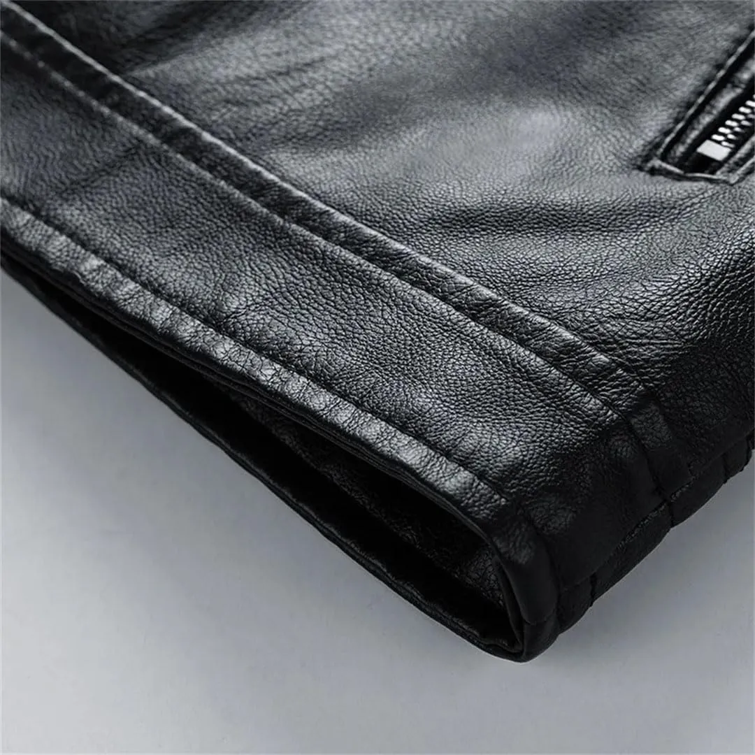 Men's PU Patchwork Motorcycle Jacket Thermal Lined Slim Fit Biker Coat, Streetwear Fleece Lined Outerwear