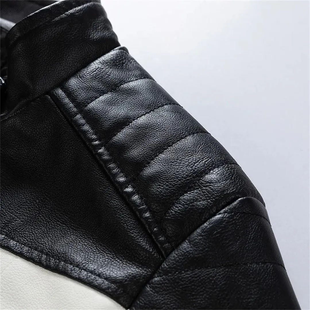 Men's PU Patchwork Motorcycle Jacket Thermal Lined Slim Fit Biker Coat, Streetwear Fleece Lined Outerwear