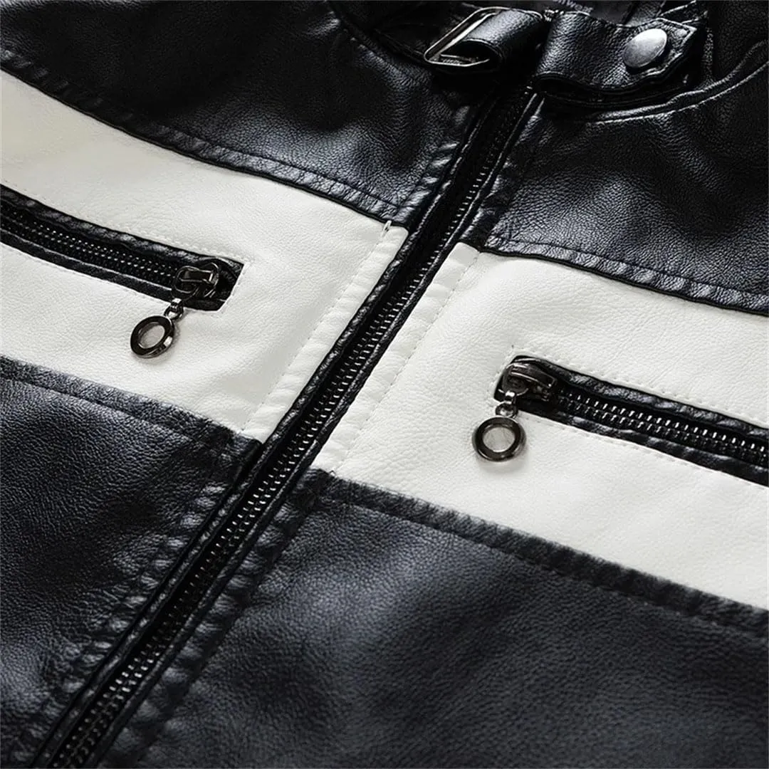 Men's PU Patchwork Motorcycle Jacket Thermal Lined Slim Fit Biker Coat, Streetwear Fleece Lined Outerwear
