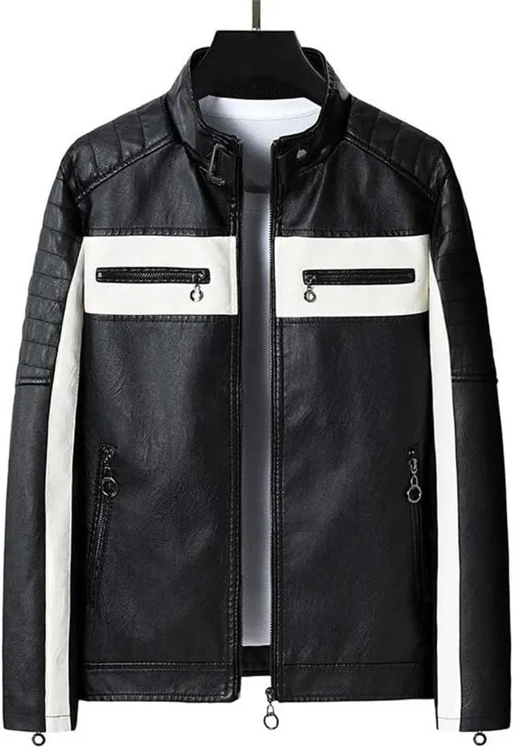 Men's PU Patchwork Motorcycle Jacket Thermal Lined Slim Fit Biker Coat, Streetwear Fleece Lined Outerwear