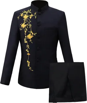 Men's Stand Collar Mandarin Suit Set Slim Fit 2 Piece Comfort Dress Suits Embroidered Front Button Blazer Pants Sets