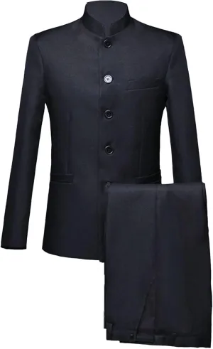 Men's Stand Collar Mandarin Suit Set Slim Fit 2 Piece Comfort Dress Suits Embroidered Front Button Blazer Pants Sets