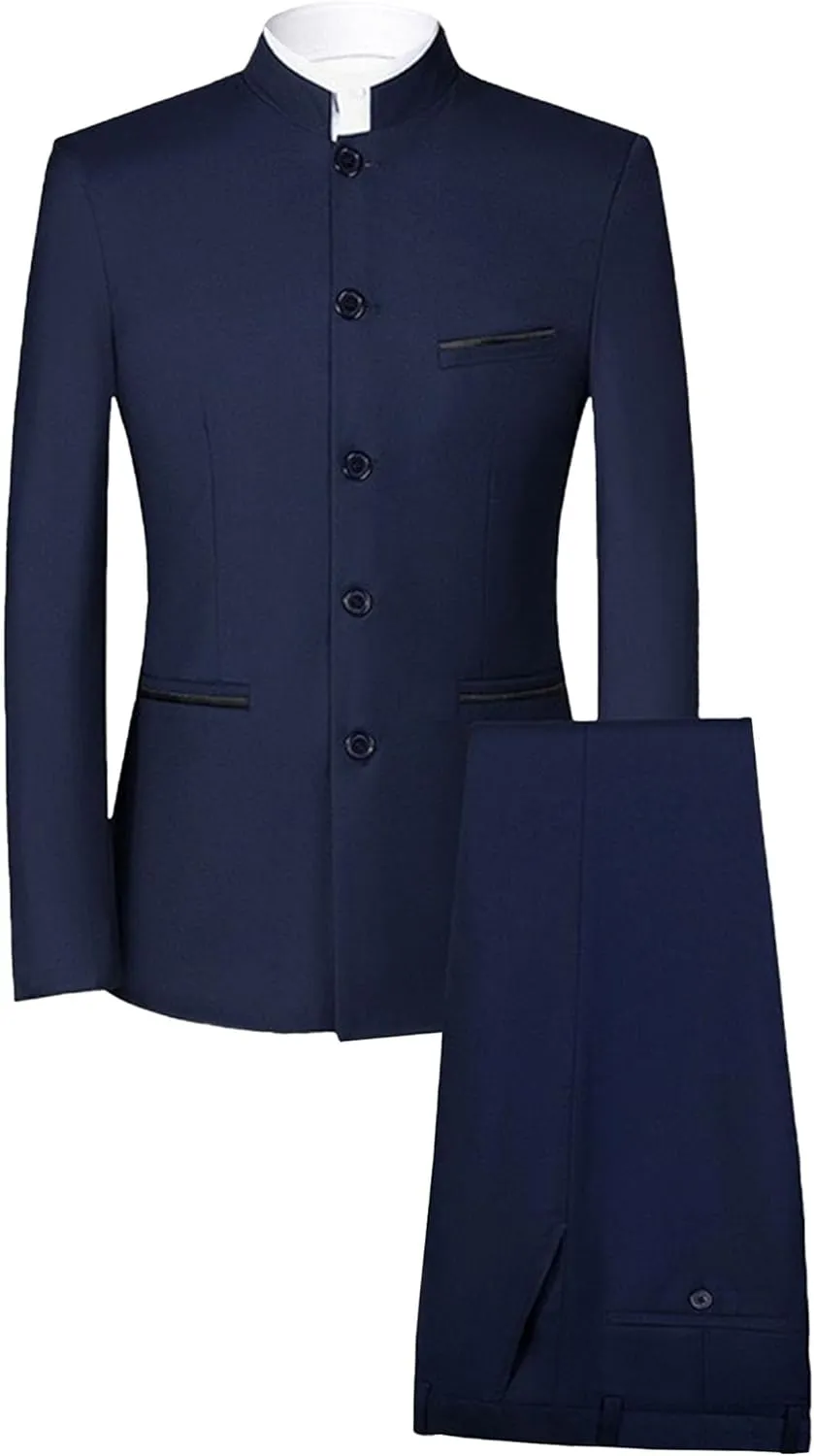 Men's Stand Collar Mandarin Suit Set Slim Fit 2 Piece Comfort Dress Suits Embroidered Front Button Blazer Pants Sets