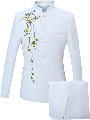 Men's Stand Collar Mandarin Suit Set Slim Fit 2 Piece Comfort Dress Suits Embroidered Front Button Blazer Pants Sets