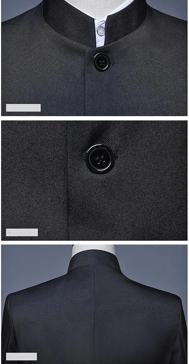 Men's Stand Collar Mandarin Suit Set Slim Fit 2 Piece Comfort Dress Suits Embroidered Front Button Blazer Pants Sets