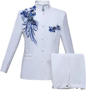 Men's Stand Collar Mandarin Suit Set Slim Fit 2 Piece Comfort Dress Suits Embroidered Front Button Blazer Pants Sets