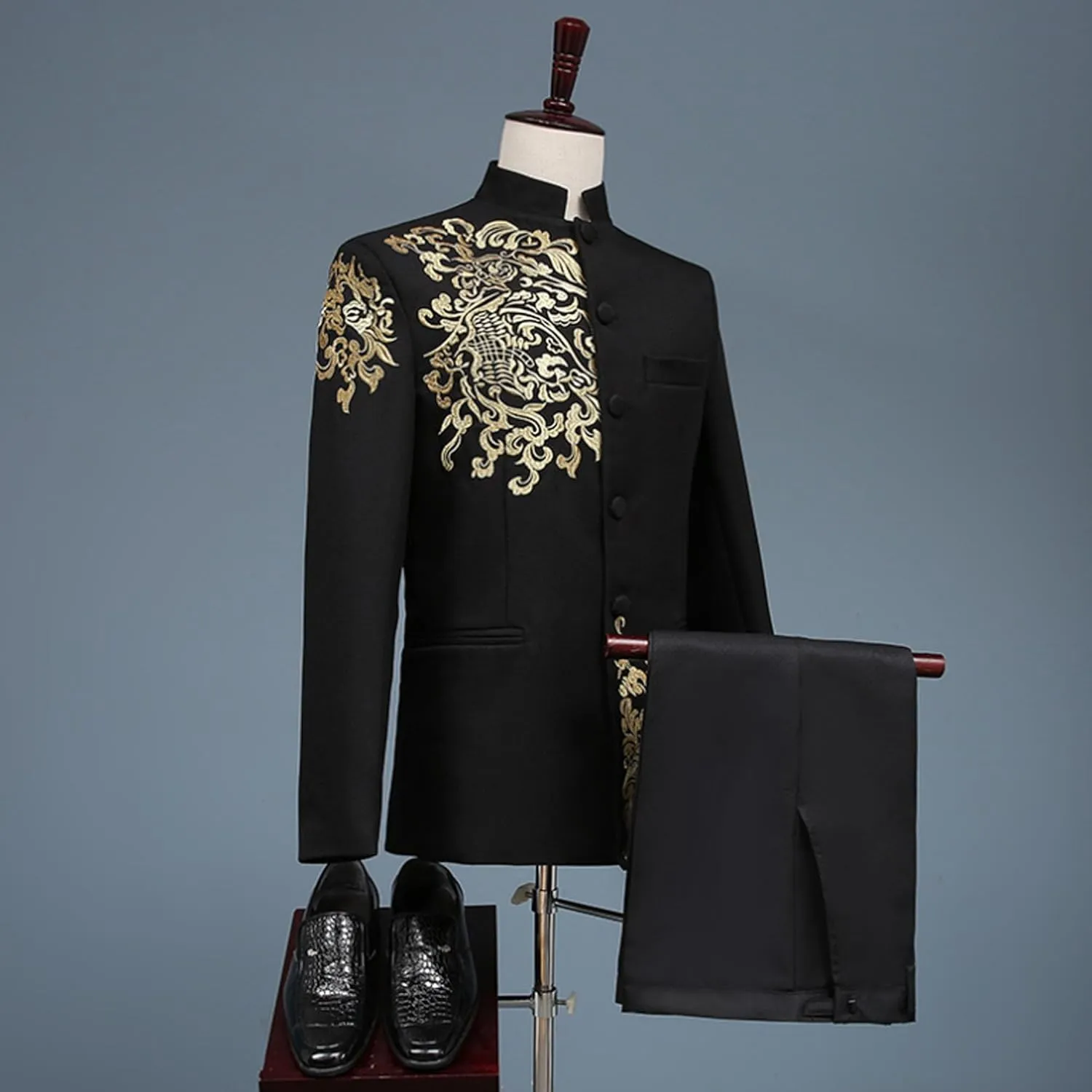 Men's Stand Collar Mandarin Suit Set Slim Fit 2 Piece Comfort Dress Suits Embroidered Front Button Blazer Pants Sets