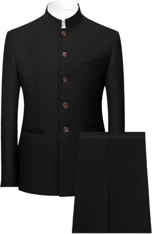 Men's Stand Collar Mandarin Suit Set Slim Fit 2 Piece Comfort Dress Suits Embroidered Front Button Blazer Pants Sets