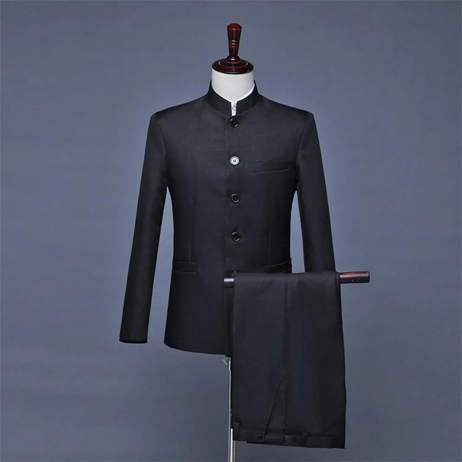 Men's Stand Collar Mandarin Suit Set Slim Fit 2 Piece Comfort Dress Suits Embroidered Front Button Blazer Pants Sets