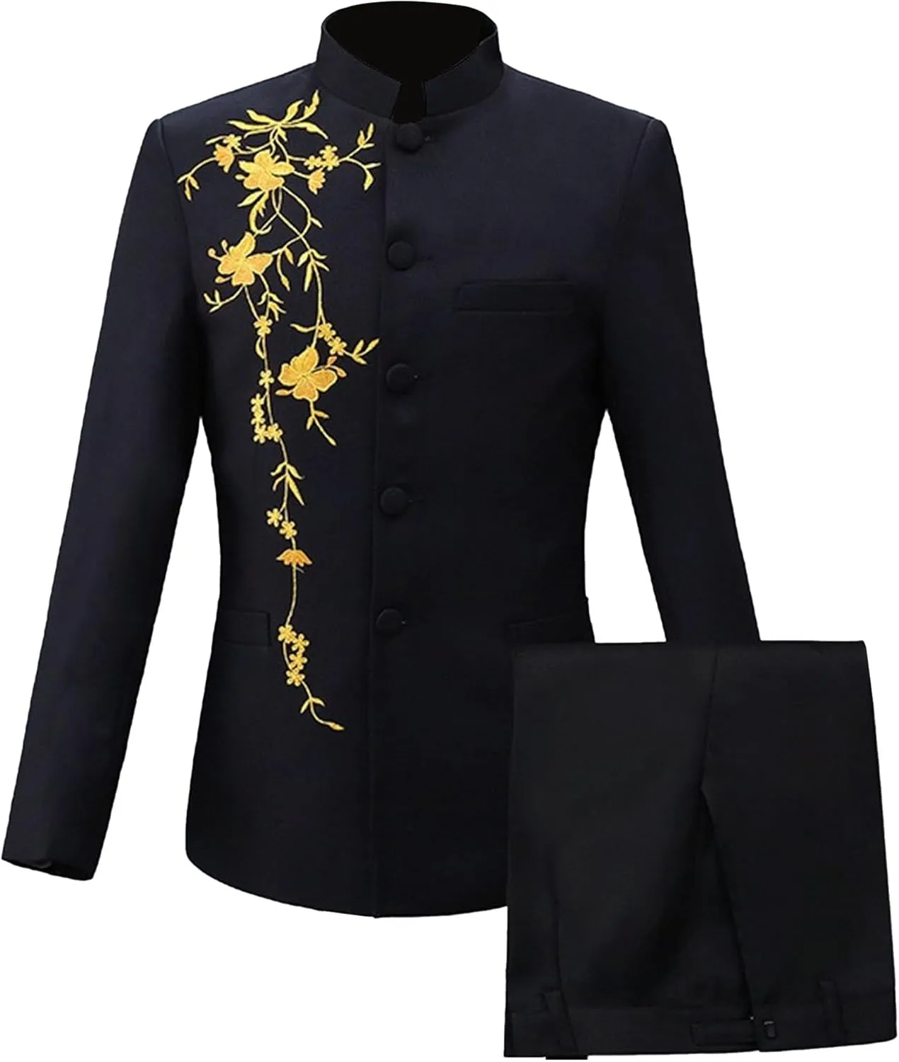 Men's Stand Collar Mandarin Suit Set Slim Fit 2 Piece Comfort Dress Suits Embroidered Front Button Blazer Pants Sets
