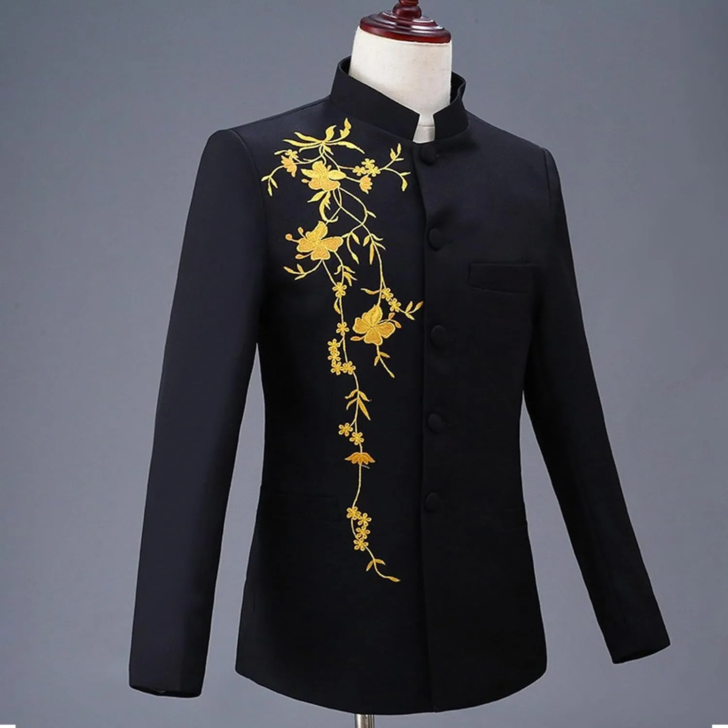 Men's Stand Collar Mandarin Suit Set Slim Fit 2 Piece Comfort Dress Suits Embroidered Front Button Blazer Pants Sets