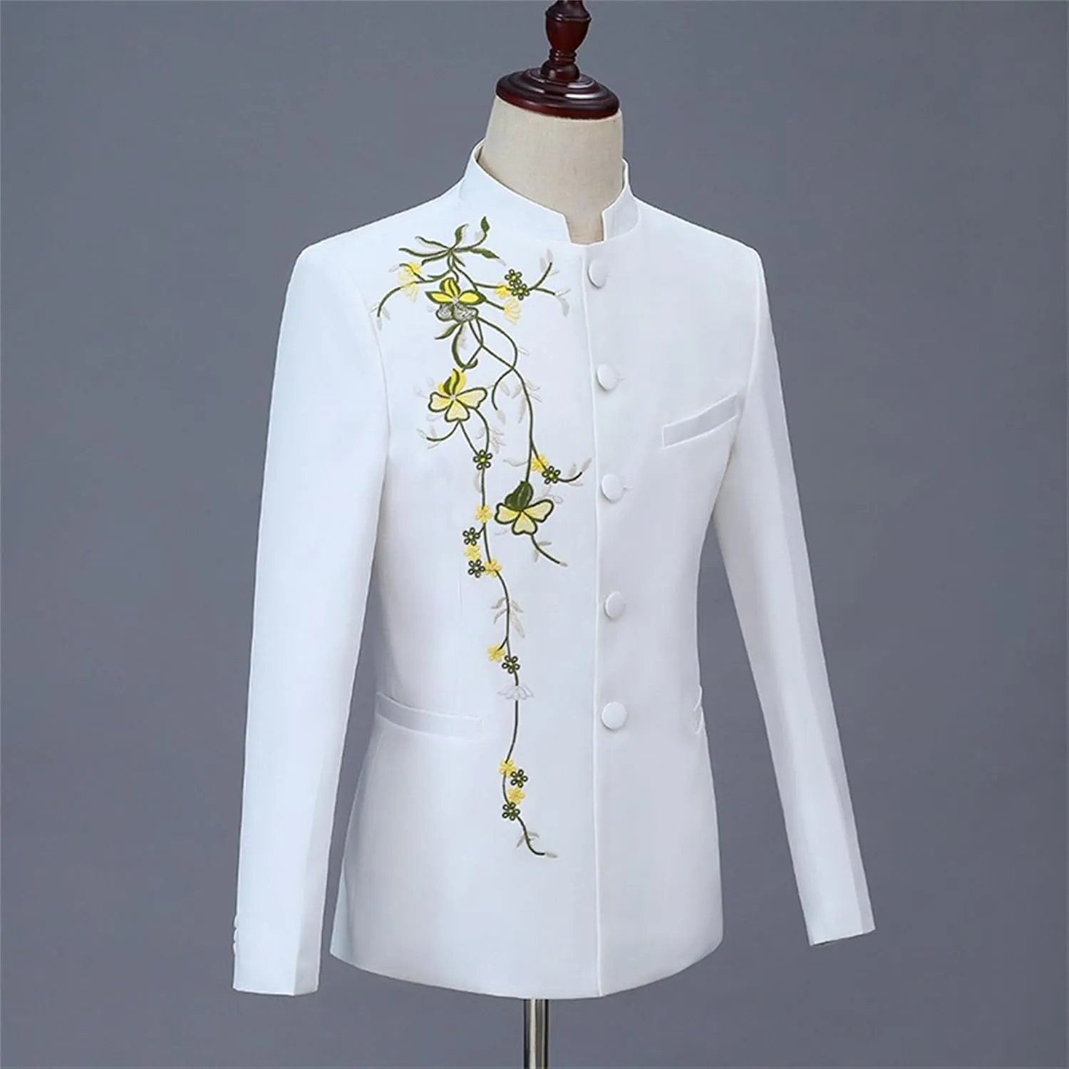 Men's Stand Collar Mandarin Suit Set Slim Fit 2 Piece Comfort Dress Suits Embroidered Front Button Blazer Pants Sets