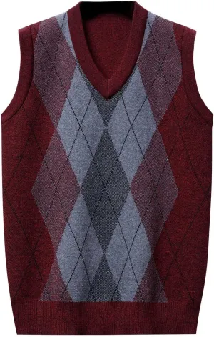Men's Sweater Vests Argyle Plaid Graphic Print Knitted Pullover Sweater V Neck Sleeveless Comfort Soft Jumper Tops
